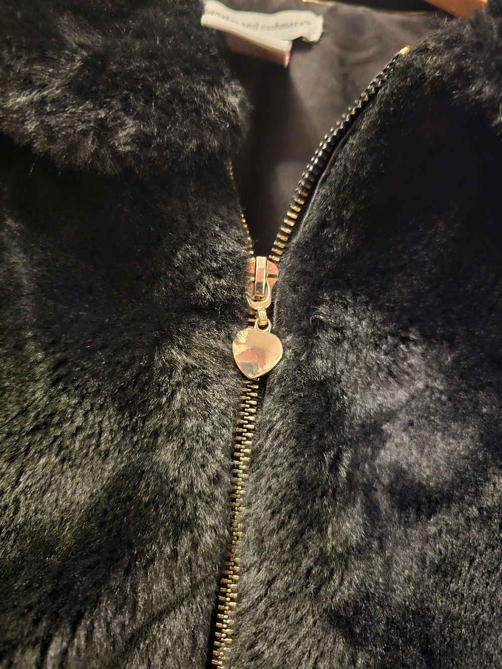 cupcakes & cashmere Black Faux Fur  Jacket with Gold Heart Pull